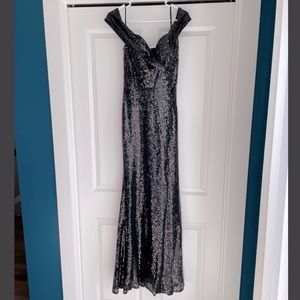 Size 8 black, sequined, off-the-shoulder bridesmaids dress. Sweetheart neckline.